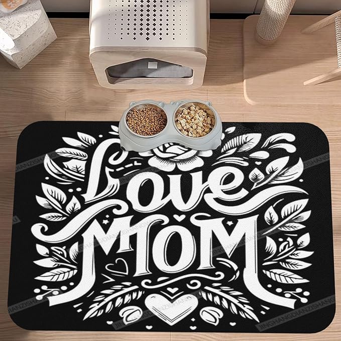 Non Slip Mat for Dog Pet Cat Dog Food Mats Happy Mother's Day Floral Gift for Mom Kr Water Bowl Mat Quick Dry Absorbent Cat Feeding Mats 18X12In