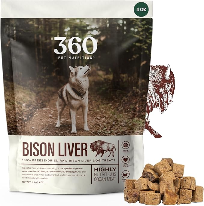 360 Pet Nutrition Freeze Dried Complete Multi Protein Meal for Adult Dogs, High Protein, Omega 3's, No Fillers, Made in The USA + Bison Liver Treat
