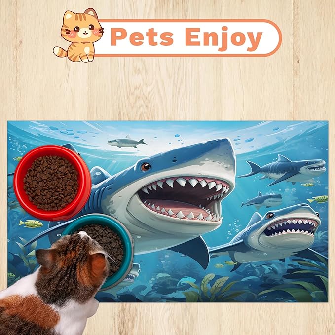 Ocean Shark Dog Food Mat for Floors Absorbent Dog Bowl Mat for Food and Water Dispenser Quick Dry Cat Food Placemat Pet Supplies 16" x 24", Underwater World