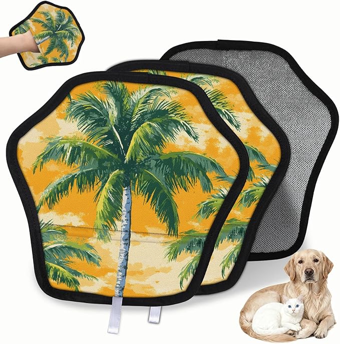 Reusable Pet Hair Removal Glove Palm Tree Themed Magic Brush for Cat & Dog Hair Remover for Car, Sofa, Bedding, Clothes - 9x9 Mitt Washable