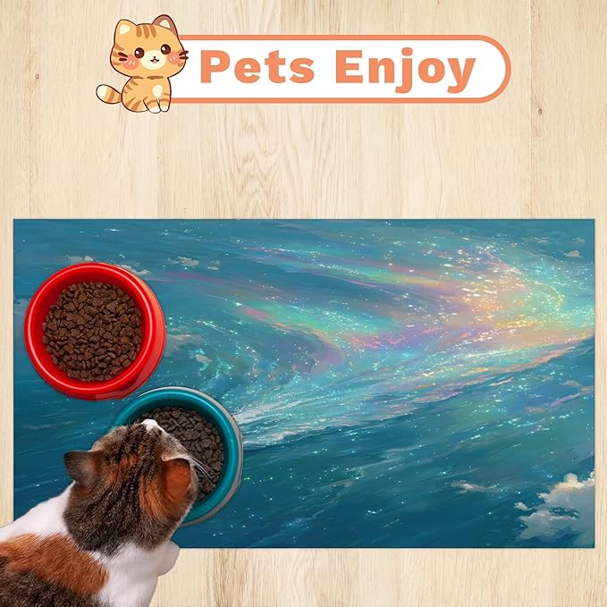 Beach Dog Food Mat for Floors Absorbent, Quick Dry Water Dispenser Mat for Food, Water, Pet Supplies 16" x 24", Night Ship
