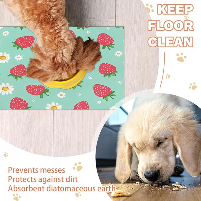 Strawberry Dog Food Mat for Floors Absorbent Dog Bowl Mat for Food and Water Dispenser Quick Dry Cat Food Placemat Pet Supplies 16" x 24", Daisy Flower