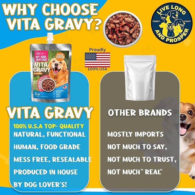 Healthpro VitaGravy® Dog Food Topper, Natural Dog Treat. Real, Sirloin Steak Purée Delicious and Delightful. Dogs Love its Irresistable Real Human, Food-Grade Ingredients! 3.5oz, 3 Pk