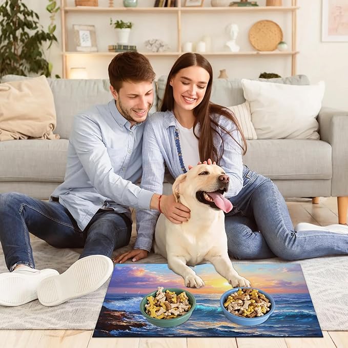 Summer Beach Dog Food Mat for Floors Absorbent, Quick Dry Water Dispenser Mat for Food, Water, Pet Supplies 17" x 30", Sunrise