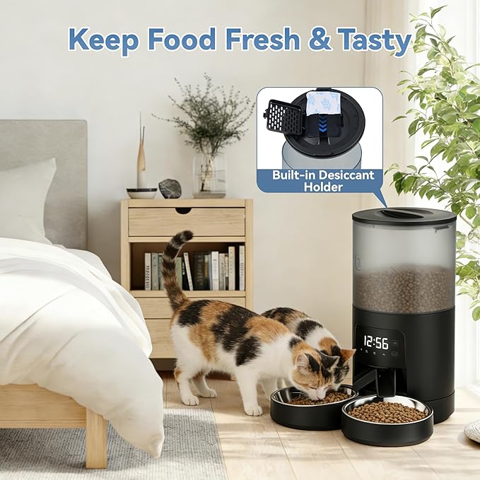 DUMOS Automatic Cat Feeder for 2 Cats, 6L Timed Cat Food Dispenser with 2 Stainless Bowls, 10s Voice Recorder, Dual Power Supply, 6 Meals 50 Portions Per Day, Dual Pet Feeder for Cat and Dog, Black