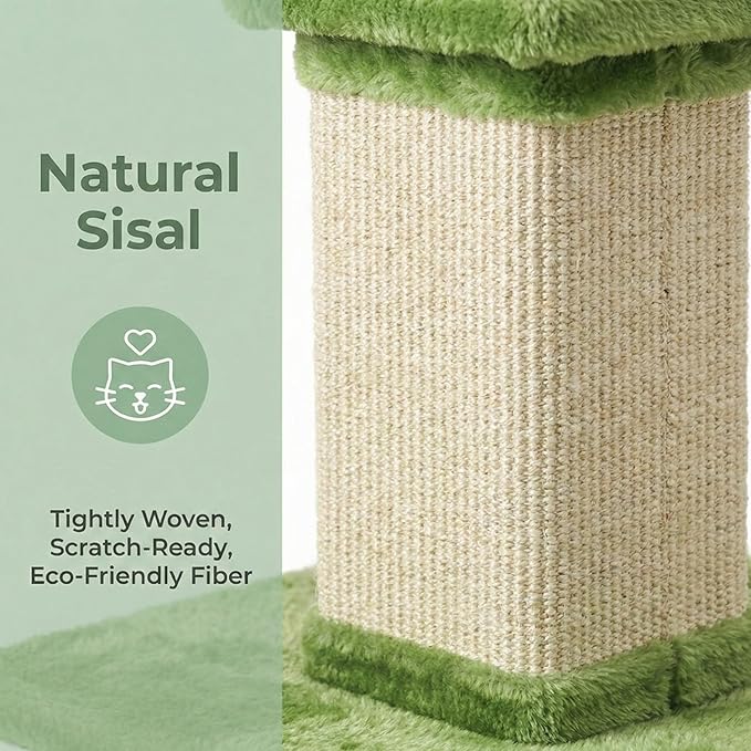 Tall Cat Scratching Post, 32'' Heavy Duty and Thick Scratching Post, Scratching Post for Adult Cats, Thick Sisal Rope with Hanging Ball, Green