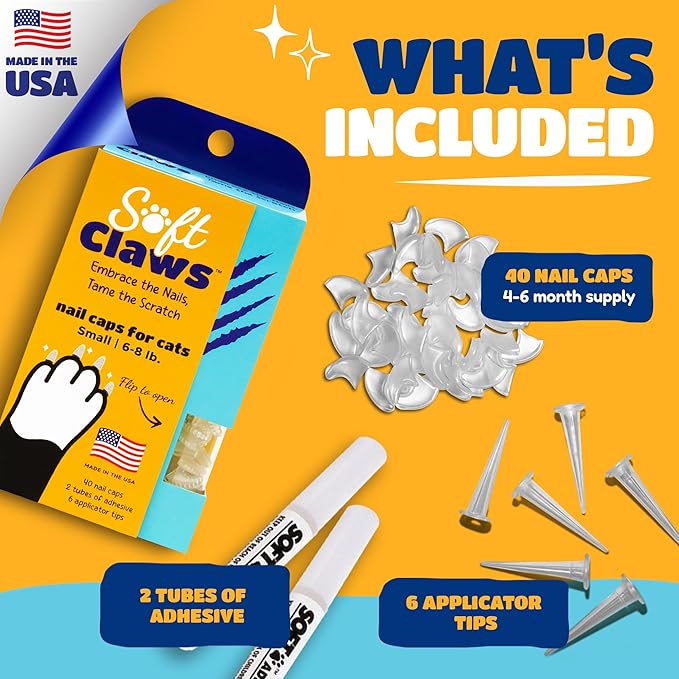 Soft Claws Cat Nail Caps for Small Cats – (40 Caps, Sparkle Variety) - Made in USA - Veterinarian-Developed | Protects Furniture & Skin - Easy to Apply, Long-Lasting Anti-Scratch Soft Cat Claw Covers