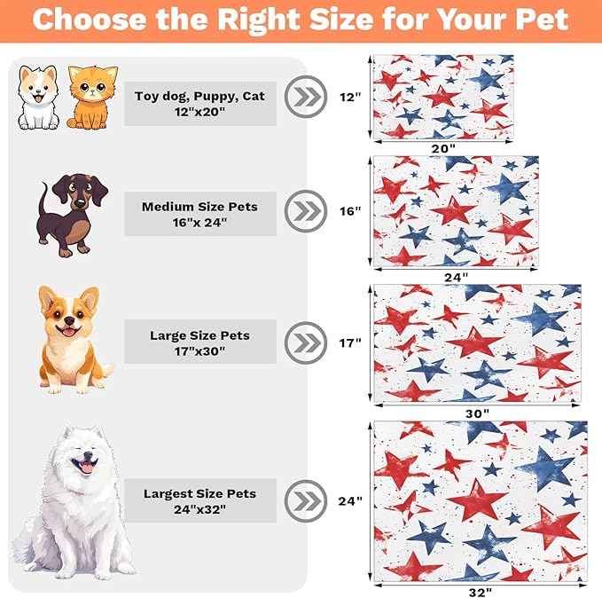 4th of July Dog Food Mat for Floors Absorbent Dog Bowl Mat for Food and Water Dispenser Quick Dry Cat Food Placemat Pet Supplies 12" x 20", Red Blue Stars