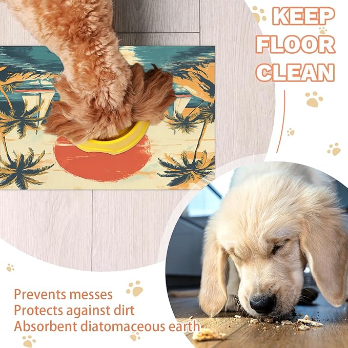 Coastal Ship Dog Food Mat for Floors Absorbent, Quick Dry Water Dispenser Mat for Food, Water, Pet Supplies 17" x 30", Sunset Palm Tree