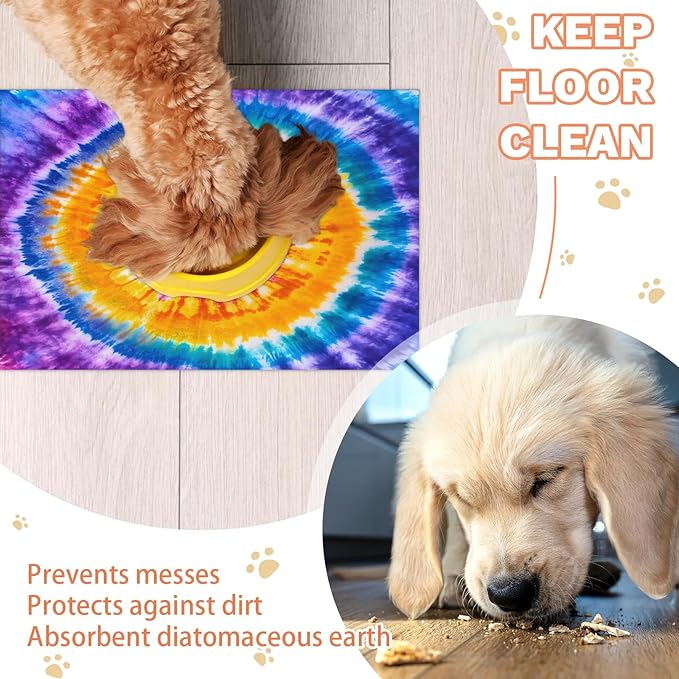 Tie Dye Dog Food Mat for Floors Absorbent, Quick Dry Water Dispenser Mat for Food, Water, Pet Supplies 17" x 30", Watercolor Abstract