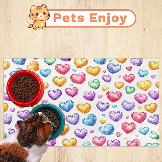 Valentine’s Day Dog Food Mat for Floors Absorbent, Quick Dry Water Dispenser Mat for Food, Water, Pet Supplies 12" x 20", Colorful Love Heart