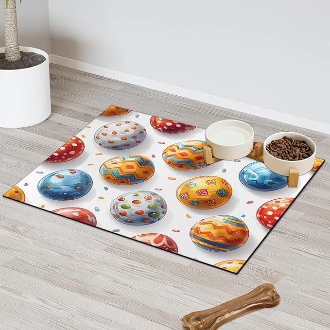 Easter Eggs Dog Food Mat for Floors Absorbent Dog Bowl Mat for Food and Water Dispenser Quick Dry Cat Food Placemat Pet Supplies 24" x 32",