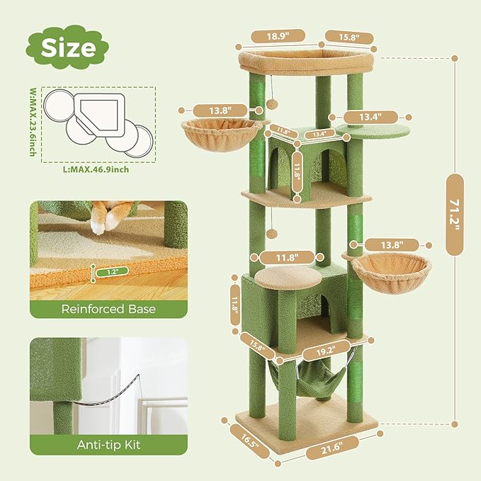 71.2 Inches Cactus Tall Cat Tree for Large Cats, Multi-Level Cat Tower with 2 Cozy Condos, Super Large Top Perch, 3 Hammocks, Sisal Scratching Posts and 2 Pompoms, Green