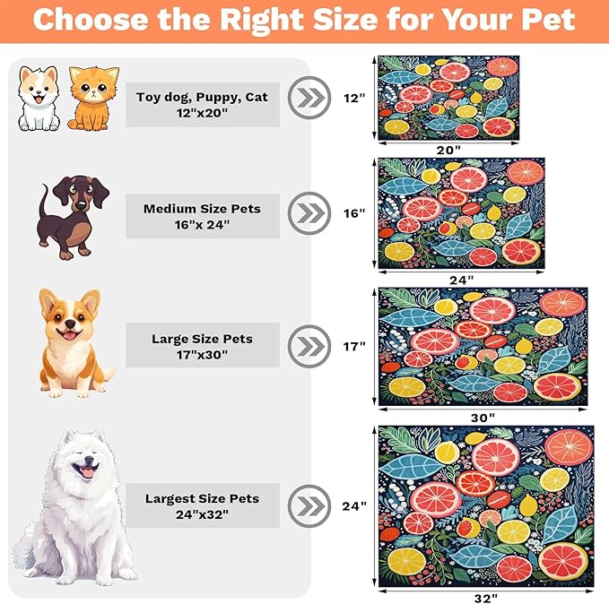 Colorful Lemon Dog Food Mat for Floors Absorbent Dog Bowl Mat for Food and Water Dispenser Quick Dry Cat Food Placemat Pet Supplies 17" x 30", Leaves