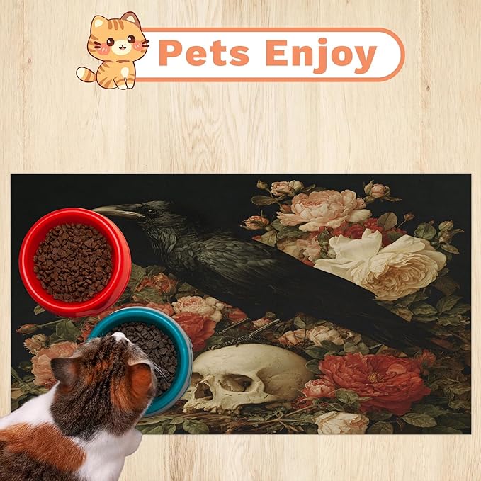 Halloween Raven Dog Food Mat for Floors Absorbent, Quick Dry Water Dispenser Mat for Food, Water, Pet Supplies 16" x 24", Skull Floral