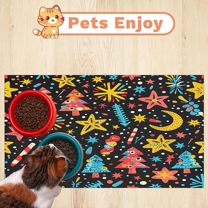 Christmas Tree Dog Food Mat for Floors Absorbent, Quick Dry Water Dispenser Mat for Food, Water, Pet Supplies 12" x 20", Star Moon