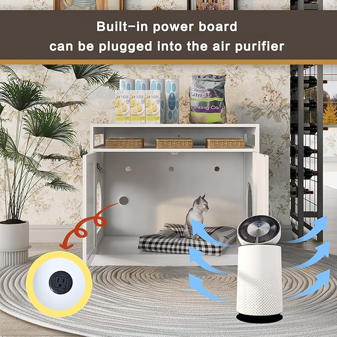 31.5" L White Cat Litter Box Enclosure with Hidden Plug & 2 Doors, Indoor Large Cat Washroom Storage Bench Side Table