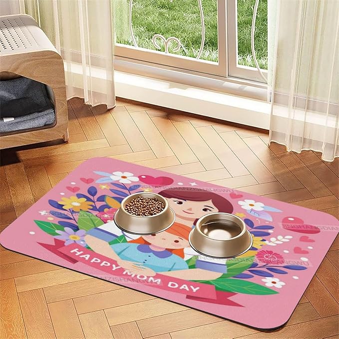 Non Slip Mat for Dog Pet Cat Dog Food Mats Happy Mother's Day Floral Gift for Mom Family Bb Water Bowl Mat Quick Dry Absorbent Cat Feeding Mats 24x16In