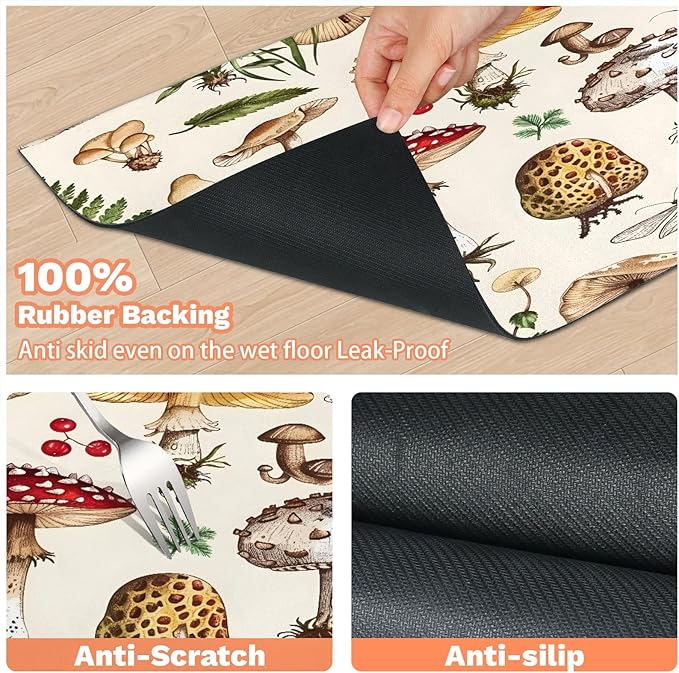 Cute Mushroom Dog Food Mat for Floors Absorbent Dog Bowl Mat for Food and Water Dispenser Quick Dry Cat Food Placemat Pet Supplies 24" x 32", Fall Plant