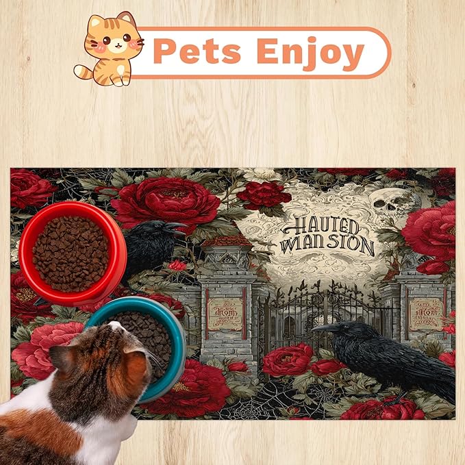 Halloween Crow Dog Food Mat for Floors Absorbent, Quick Dry Water Dispenser Mat for Food, Water, Pet Supplies 17" x 30", Flower