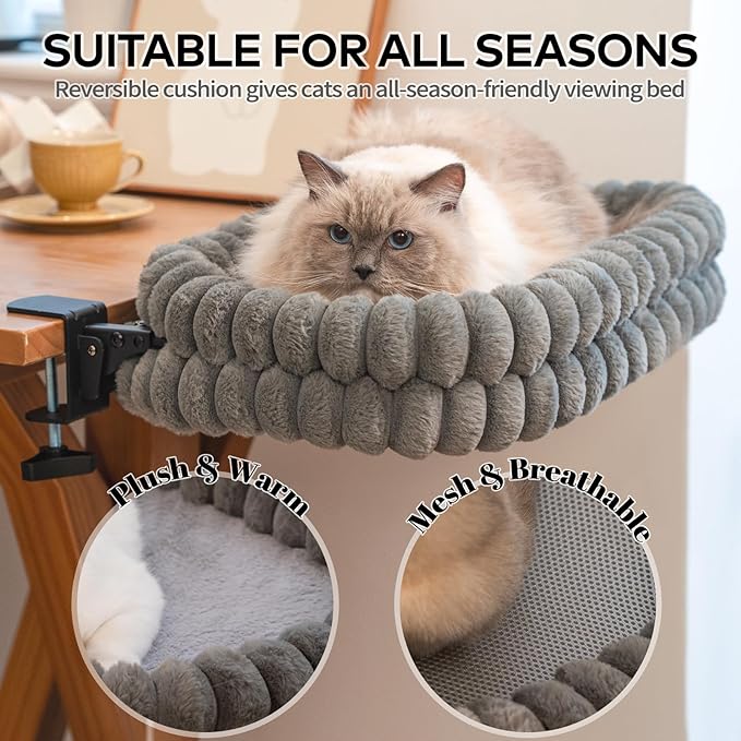 CHEERPALS Cat Desk Bed with Reversible Cushion, 90°Foldable Cat Hammock for Desk Mounted, Suitable for Medium-to-Large Cats and Puppy, Clowd Series(Grey, Large)