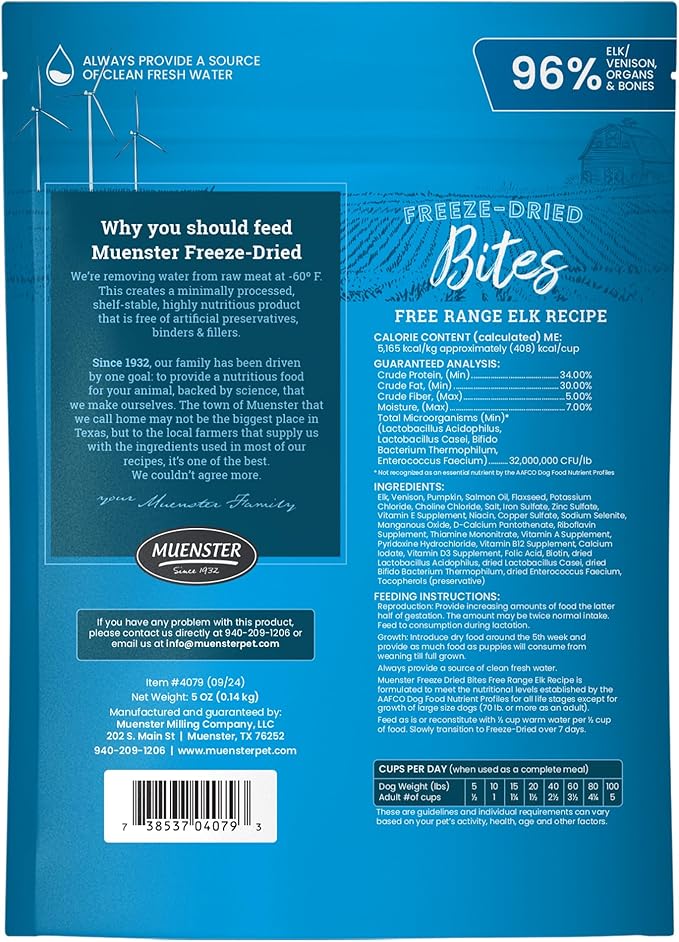 Muenster Freeze Dried Dog Food Topper Bites (5oz) - Farmhaus Elk Freeze Dried Dog Food w/Organic Minerals - Elk & Organ Meats Meal Toppers for Dogs - Dog Treats for Training