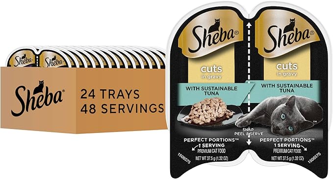 Sheba Perfect Portions Wet Cat Food Cuts in Gravy, Cat Food Wet Recipe, Sustainable Tuna Entree, 2.6 oz. Twin-Pack Trays (24 Count, 48 Servings)