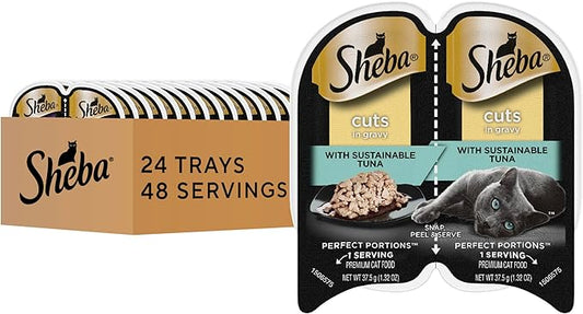 Sheba Perfect Portions Wet Cat Food Cuts in Gravy, Cat Food Wet Recipe, Sustainable Tuna Entree, 2.6 oz. Twin-Pack Trays (24 Count, 48 Servings)