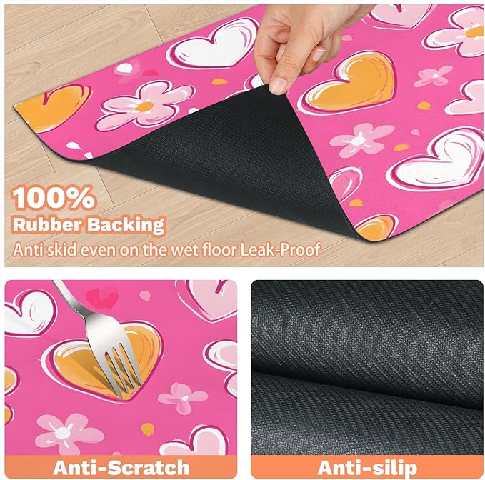 Love Heart Dog Food Mat for Floors Absorbent, Quick Dry Water Dispenser Mat for Food, Water, Pet Supplies 16" x 24", Pink Yellow