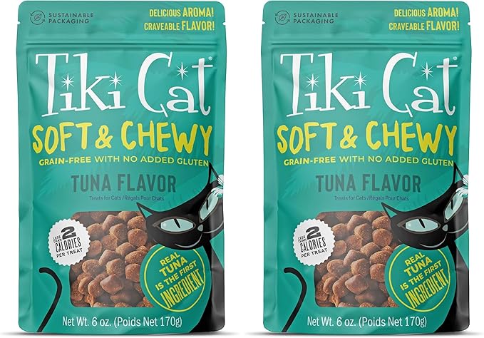 Tiki Cat Soft & Chewy Treats, Tuna Flavor, 3 Calories Per Treat with Grain-Free and No Added Gluten, 6 oz Pouch (Pack of 2)