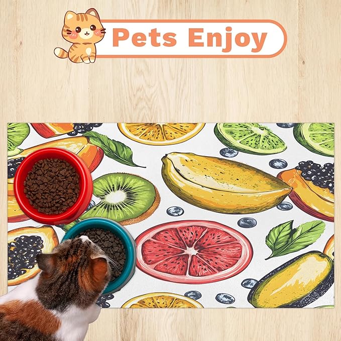 Summer Fruit Dog Food Mat for Floors Absorbent Dog Bowl Mat for Food and Water Dispenser Quick Dry Cat Food Placemat Pet Supplies 12" x 20", Cute Tropical Fruit