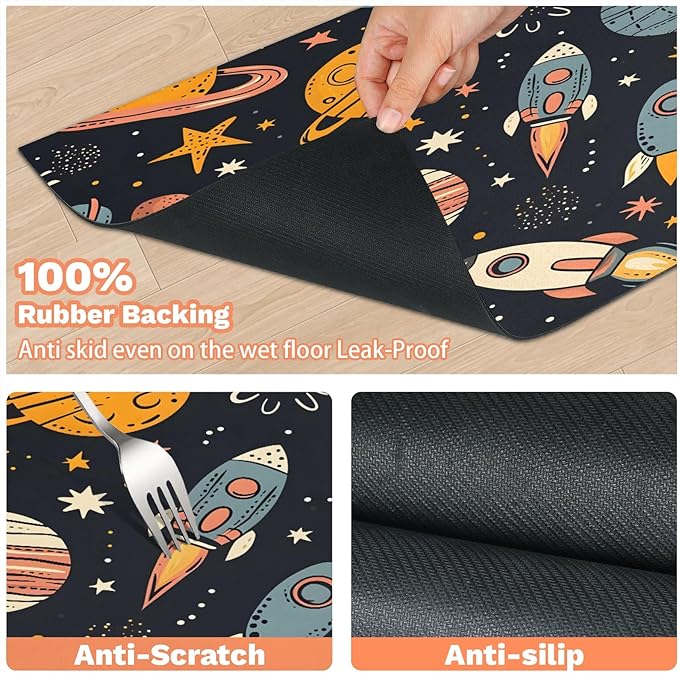 Space Rocket Dog Food Mat for Floors Absorbent, Quick Dry Water Dispenser Mat for Food, Water, Pet Supplies 16" x 24", Cartoon Planet