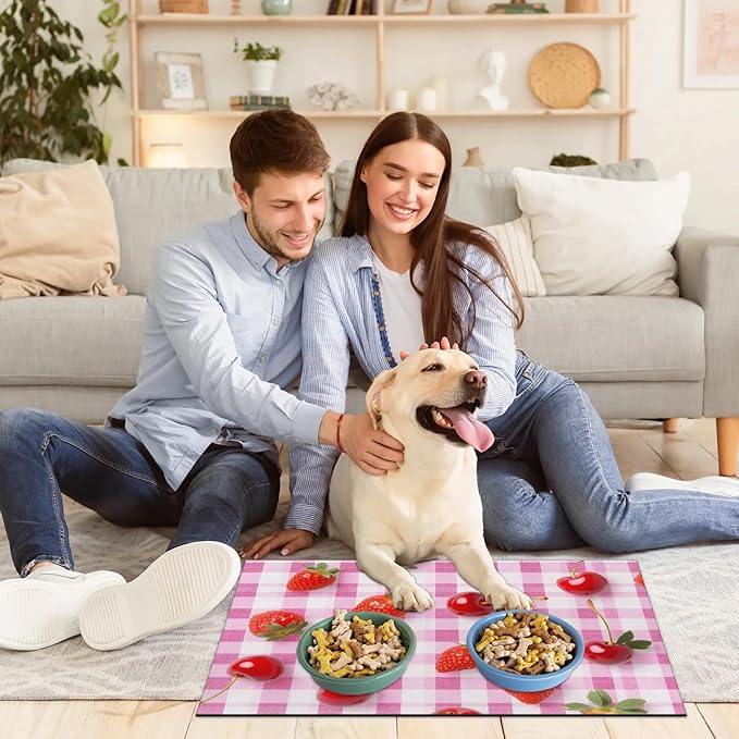 Red Strawberry Dog Food Mat for Floors Absorbent Dog Bowl Mat for Food and Water Dispenser Quick Dry Cat Food Placemat Pet Supplies 12" x 20", Buffalo Check