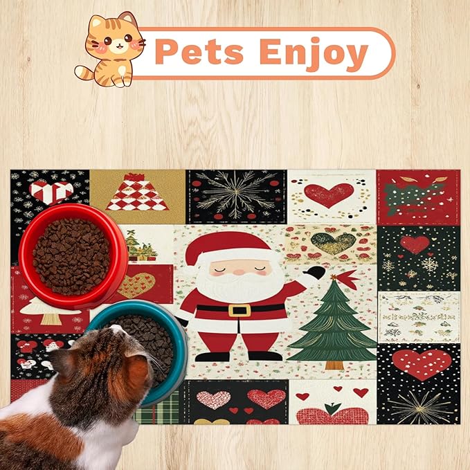 Santa Claus Dog Food Mat for Floors Absorbent, Quick Dry Water Dispenser Mat for Food, Water, Pet Supplies 16" x 24", Xmas Trees