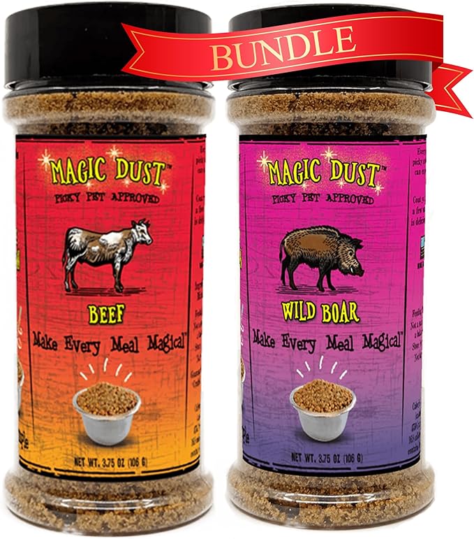 Wild Meadow Farms - Magic Dust Beef Jerky & Wild Boar Jerky Topper Single Protein Flavor Enhancers for Dogs & Cats, Elevate Mealtime for Picky Eaters - 3.5 Ounce