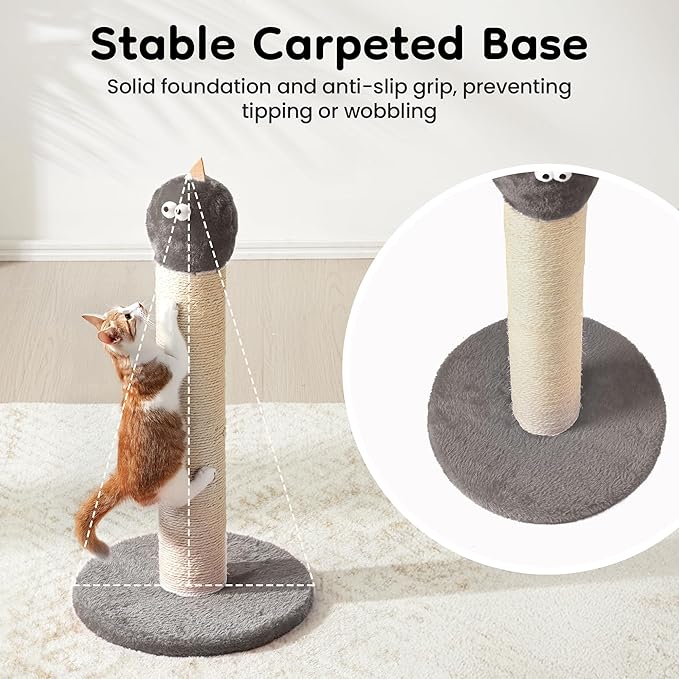 Cat Scratching Post for Small Space, 22'' Scratching Posts for Indoor Cats Adults, Extra Wide 13.4" Stable Base & Natural Sisal, Cute Cat Scratching Post with Short Plush Fabric for Large Cats, Gray