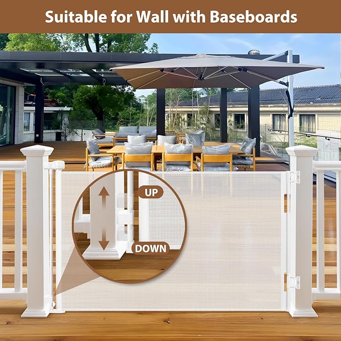 Weatherproof Outdoor Retractable Baby Gates for Decks, 55" Wide Waterproof Retractable Dog Gate with No Rust Screws and Rods, Scratch-Resistant Mesh Outdoor Baby Gate/Fence/Barrier/Screen, White