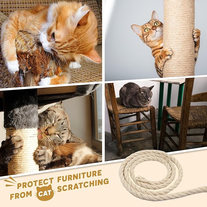 Natural Sisal Rope Perfect for Cat Scratching Posts, Pet Toys, Furniture Protection, and Home Décor (5/16 inch x 50FT)