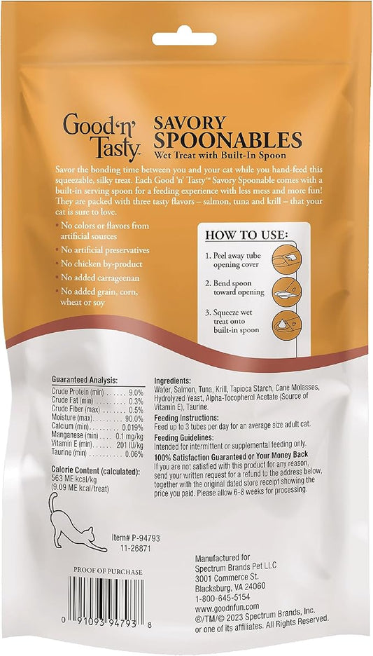 Good 'N' Tasty Savory Spoonables with Real Salmon, Tuna & Krill, 10 Count Tube, Triple Flavor Squeezable Lickable Wet Treats for Cats with Built-in Spoon for Less Mess
