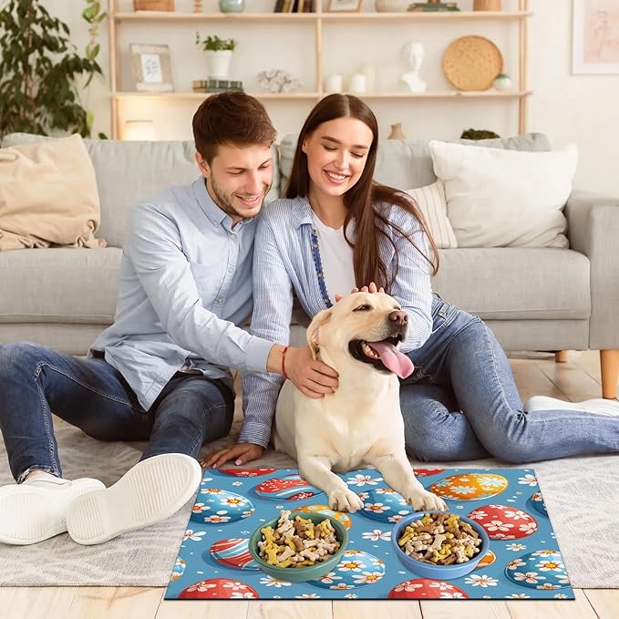 Easter Eggs Dog Food Mat for Floors Absorbent Dog Bowl Mat for Food and Water Dispenser Quick Dry Cat Food Placemat Pet Supplies 17" x 30", Daisy Flower