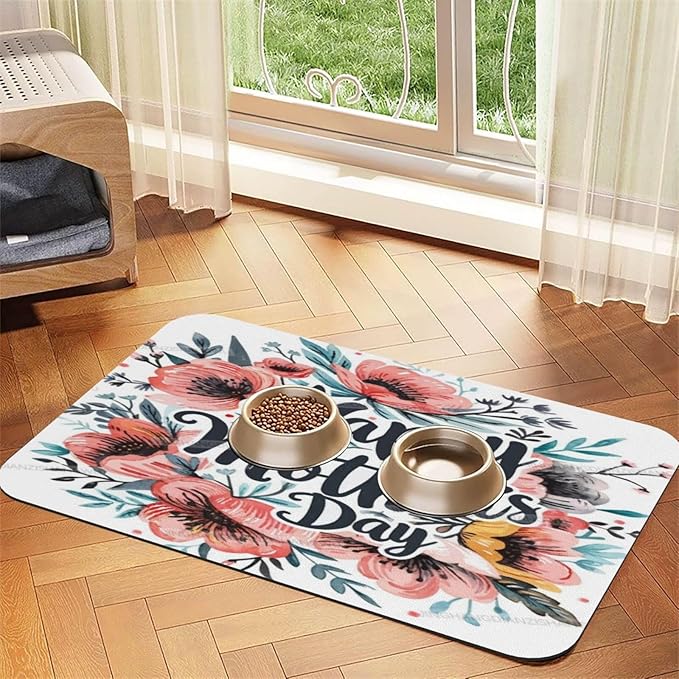 Dog Food Mats for Floors Happy Mother's Day Watercolor Floral Gift Mom Kx Absorbent Pet Cat Food Mat Quick Dry Dog Bowl Mats for Water Pet Supplies 24x16In