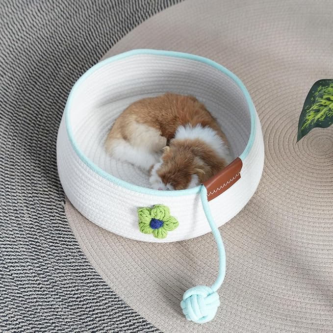Natural Cat Bed Cotton Rope Woven for All Seasons Cat Nest Basket Washable,Cute Green Flower Decor,Cozy Kitten Mat Scratcher Round Shape for Indoor(White)