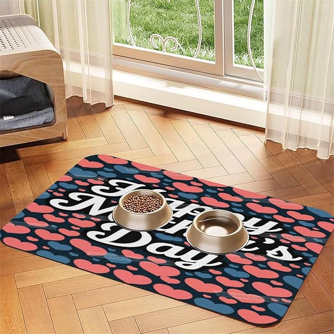Absorbent Dog Water Cat Mat for Food Water Bowl Quick Dry Heart Happy Mother's Day Floral Gift for Mom Fk Pet Feeding Mats No Stains Dog Food Mat Pet Accessories Supplies Cat Bowl Mats 18X12In