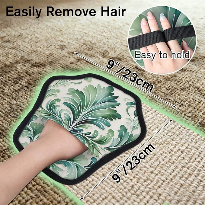 Green Floral Print Electrostatic Pet Hair Removal Glove for Cats & Dogs - Reusable Grooming Mitt for Couch, Carpet, Car Seat & Laundry - Large 9x9 Inch