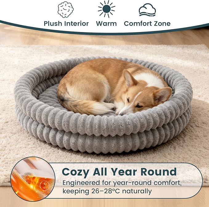 Donut Pet Bed for Cats & Small Dogs, Fluffy Warm Round Bed, Machine Washable with Anti-Slip Bottom, Indoor Use, Gray, 28"x28"x5"