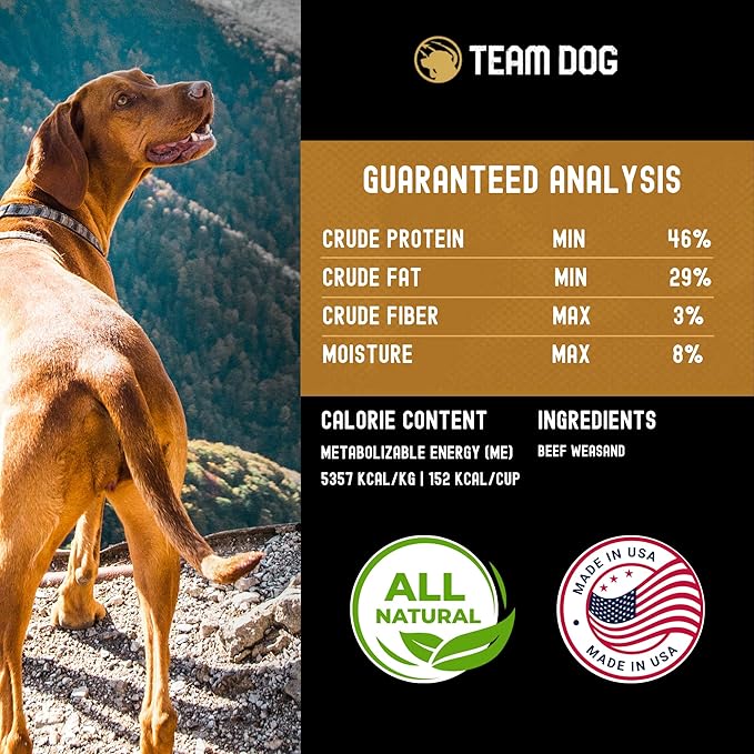 Team Dog Beef Trachea Dog Chews | Single Ingredient Treat | 100% Freeze Dried Beef Gullet Sticks for Dogs | Supports Healthy Teeth & Gums | All Natural Esophagus Dog Treats Made in USA | 3 Per Bag
