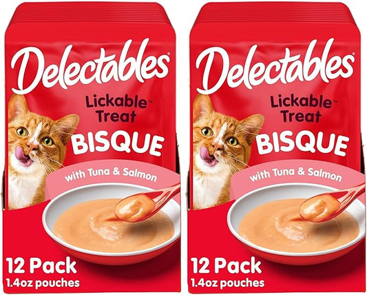 Hartz Delectables Lickable Treat Bisque Wet Cat Treat with Real Tuna & Salmon,Food Topper,Hydrating,Grain-Free,No Fillers,No by-Products,No-Added Preservatives,1.4oz Pouch,(Pack of 24)