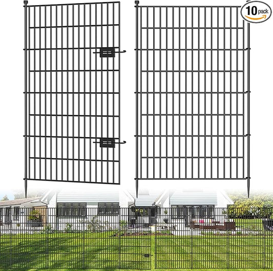 10 Panels No Dig Decorative Outdoor Garden Fence with Gate for Yard, 48 in(H) X 26.25ft(L) Animal Barrier Fencing Rustproof Metal Wire Panel Border for Dog, Rabbits, and Patio Temporary Ground Stakes