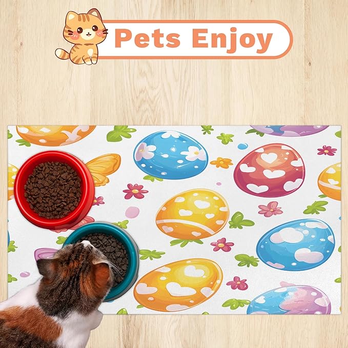 Happy Easter Dog Food Mat for Floors Absorbent Dog Bowl Mat for Food and Water Dispenser Quick Dry Cat Food Placemat Pet Supplies 16" x 24", Butterfly Flower