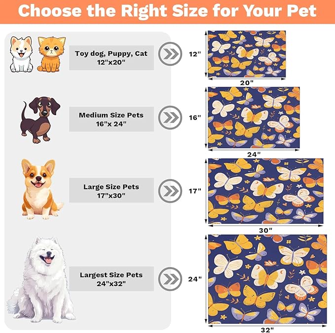 Flower Butterfly Dog Food Mat for Floors Absorbent, Quick Dry Water Dispenser Mat for Food, Water, Pet Supplies 12" x 20", Watercolor Animals